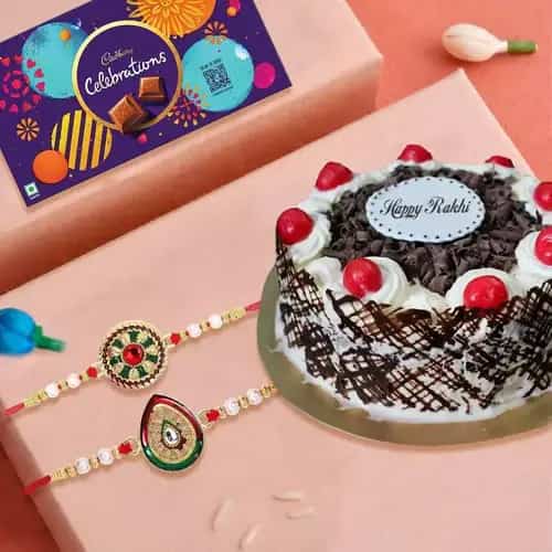 Arresting Rakhi Twins with Chocolate Cake N Cadbury Celebration Pack Arresting Rakhi Twins with Chocolate Cake N Cadbury Celebration Pack