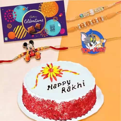 Astonishing Rakhi Set of 4 with Red Velvet Cake and Cadbury Celebration Astonishing Rakhi Set of 4 with Red Velvet Cake and Cadbury Celebration