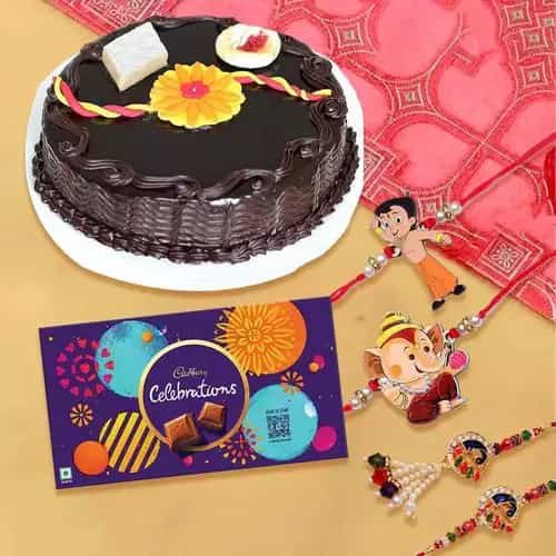 Arresting Family Set Rakhi with Chocolate Cake N Cadbury Celebration Pack Arresting Family Set Rakhi with Chocolate Cake N Cadbury Celebration Pack