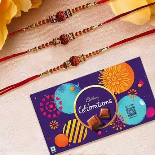 Dashing Rudraksha Rakhi Trio with Cadbury Celebration Gift Pack Dashing Rudraksha Rakhi Trio with Cadbury Celebration Gift Pack