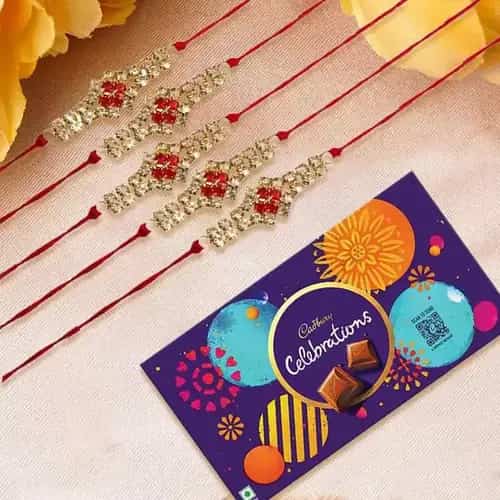Classic Rakhi Set of 5 with Cadbury Celebration Chocolate Pack Classic Rakhi Set of 5 with Cadbury Celebration Chocolate Pack