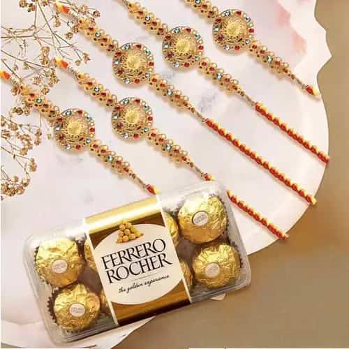 Appealing Rakhi Set of 5 with 16 pcs Ferrero Rocher Chocolates Appealing Rakhi Set of 5 with 16 pcs Ferrero Rocher Chocolates