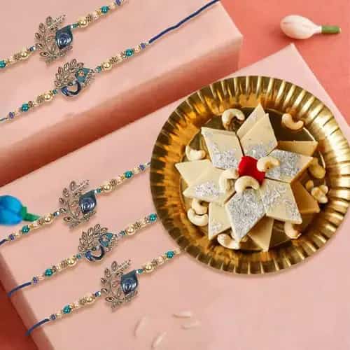 Exciting Rakhi Set of 5 with Kaju Katli Exciting Rakhi Set of 5 with Kaju Katli
