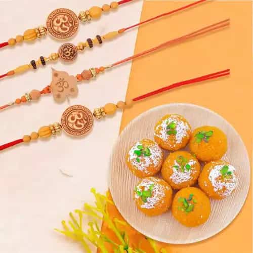 Appealing Rakhi Set of 5 with Boondi Ladoo Appealing Rakhi Set of 5 with Boondi Ladoo