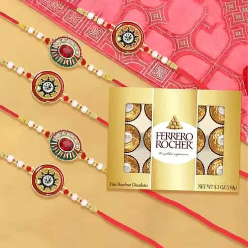 Arresting Rakhi Set of 5 with Ferrero Rocher Moments Chocolates Arresting Rakhi Set of 5 with Ferrero Rocher Moments Chocolates