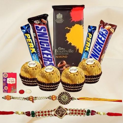 Divine Twin Om Rakhi Set with Assorted Chocolates Divine Twin Om Rakhi Set with Assorted Chocolates