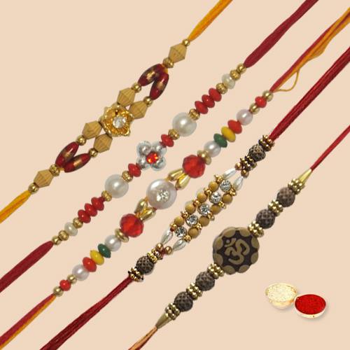 Beautifying 5 Pc. Rakhi Set with free Roli Tilak and Chawal for your Precious Brother on the Occasion of Rakhi Beautifying 5 Pc. Rakhi Set with free Roli Tilak and Chawal for your Precious Brother on the Occasion of Rakhi