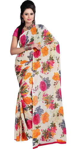Eye Catching Off White and Pink Coloured Saree with Floral Print Design Eye Catching Off White and Pink Coloured Saree with Floral Print Design