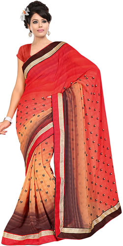 Sizzling Fire Orange, Cream and Brown Shaded Georgette Printed Saree Sizzling Fire Orange, Cream and Brown Shaded Georgette Printed Saree