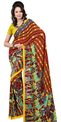 Impressive Georgette Printed Saree in Brown and Mustard Colours Impressive Georgette Printed Saree in Brown and Mustard Colours