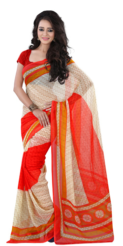 Charming Georgette Printed Saree in Beige and Red Colour Charming Georgette Printed Saree in Beige and Red Colour