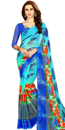 Exclusive Blue Color Printed Chiffon Designer Sari for Women Exclusive Blue Color Printed Chiffon Designer Sari for Women