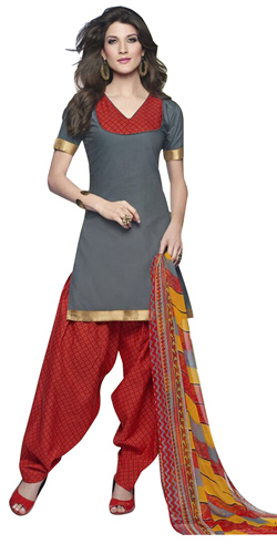 Stylish Cotton Printed Patiala Suit Shaded in Grey and Red Stylish Cotton Printed Patiala Suit Shaded in Grey and Red