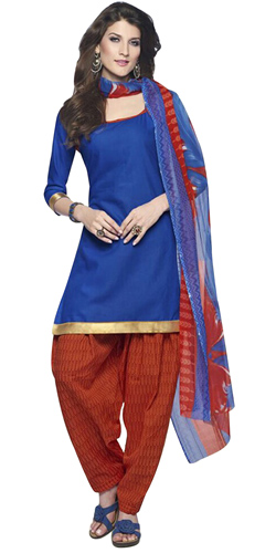 Trendy Cotton Printed Patiala Suit Shaded in Blue and Red Trendy Cotton Printed Patiala Suit Shaded in Blue and Red