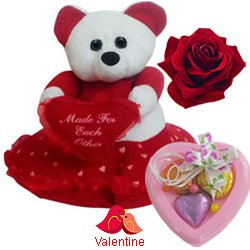 Delightful Teddy Bear with Heart with 3 pcs Heart Homemade Chocolate