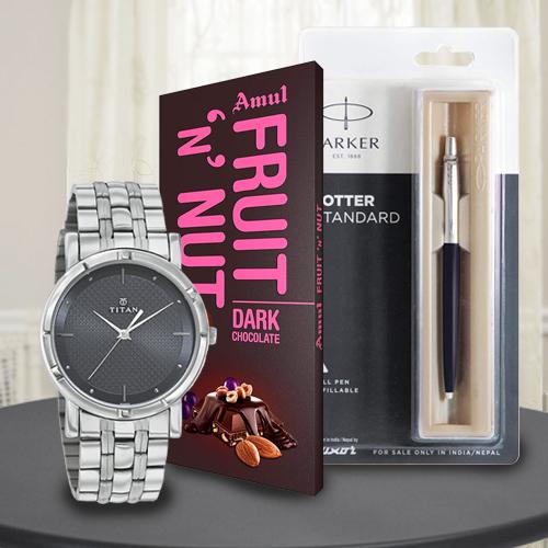 Marvelous Titan Watch with Parker Pen and Amul Chocolate Marvelous Titan Watch with Parker Pen and Amul Chocolate