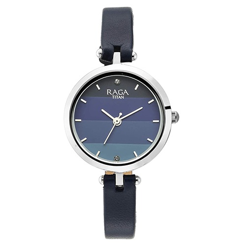 Glam Titan Raga Viva Blue Dial Leather Strap Ladies Watch