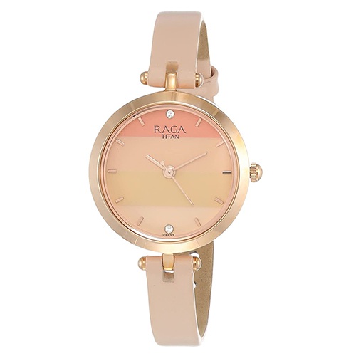 Glam Titan Raga Viva Pink Dial Leather Strap Womens Watch