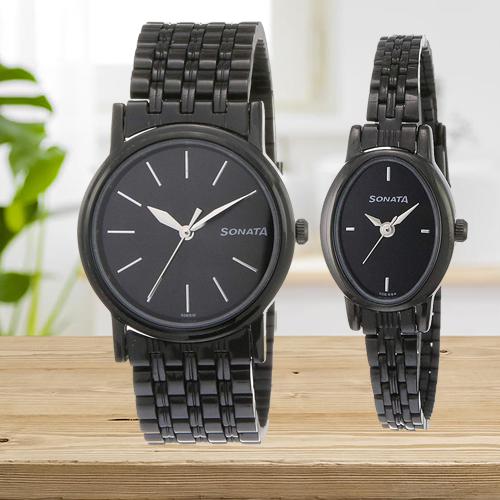 Amazing Sonata Analog Black Dial Couple Watch Amazing Sonata Analog Black Dial Couple Watch