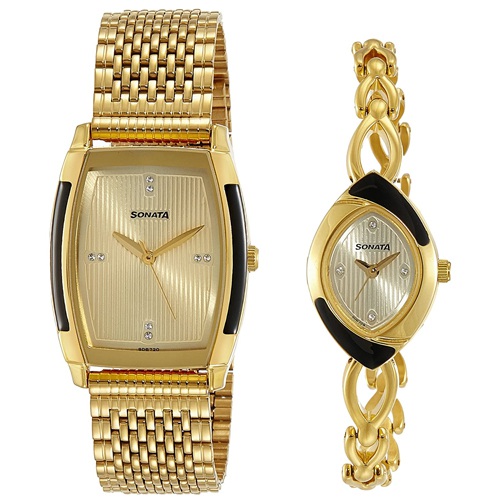 Fashionable Sonata Analog Gold Dial Pair Watch Fashionable Sonata Analog Gold Dial Pair Watch