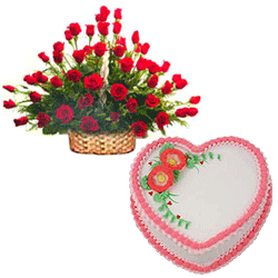 Stunning Roses Basket Arrangement and Love Cake Stunning Roses Basket Arrangement and Love Cake