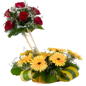 Stunning 7 Roses and 8 Gerberas Designer Arrangement with Bountiful Joys Stunning 7 Roses and 8 Gerberas Designer Arrangement with Bountiful Joys